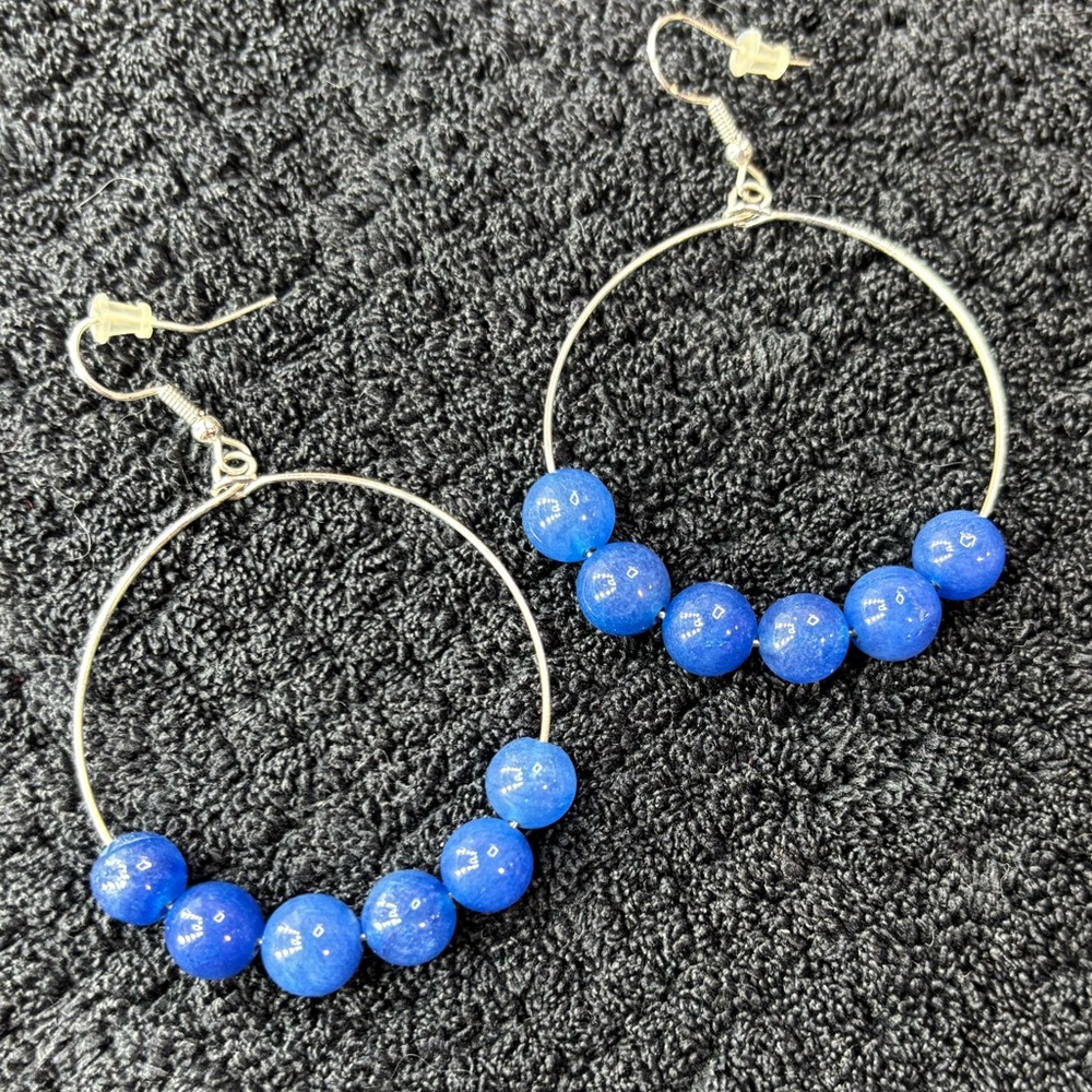Blue Stone Bead Hoop Earrings - Women Jewelry